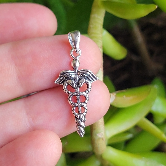 New Solid 925 Sterling Silver Simple Caduceus Staff of Hermes Pendant - Picture 3 of 6